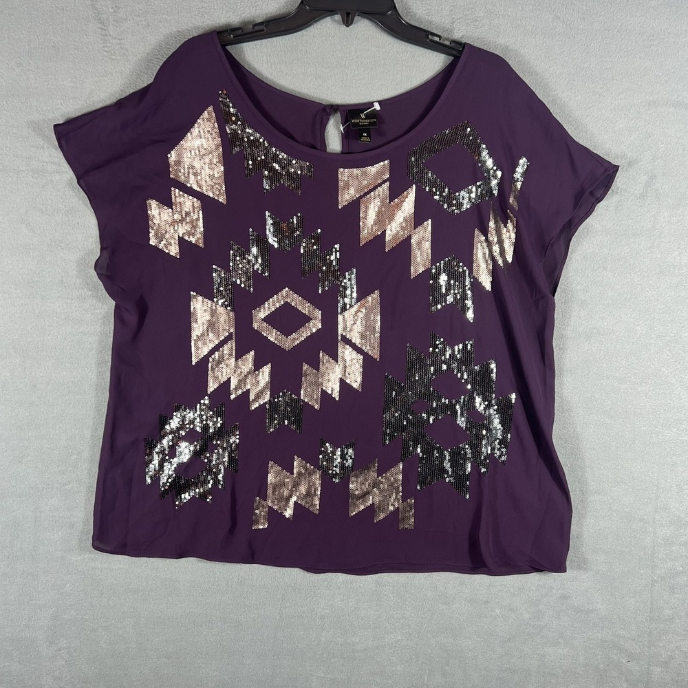 Worthington Woman 1X Plus Purple Sequin Embellished Keyhole Blouse Top‎
